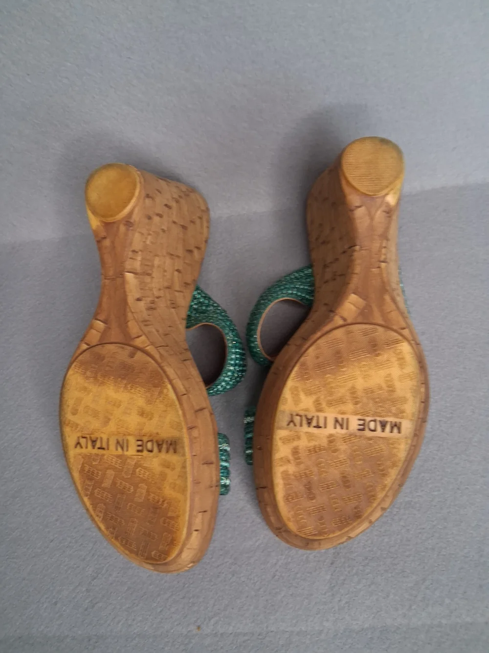 Italian Shoemakers Teal Beaded Cork Wedge Sandals Size 9 Boho Slide Heels